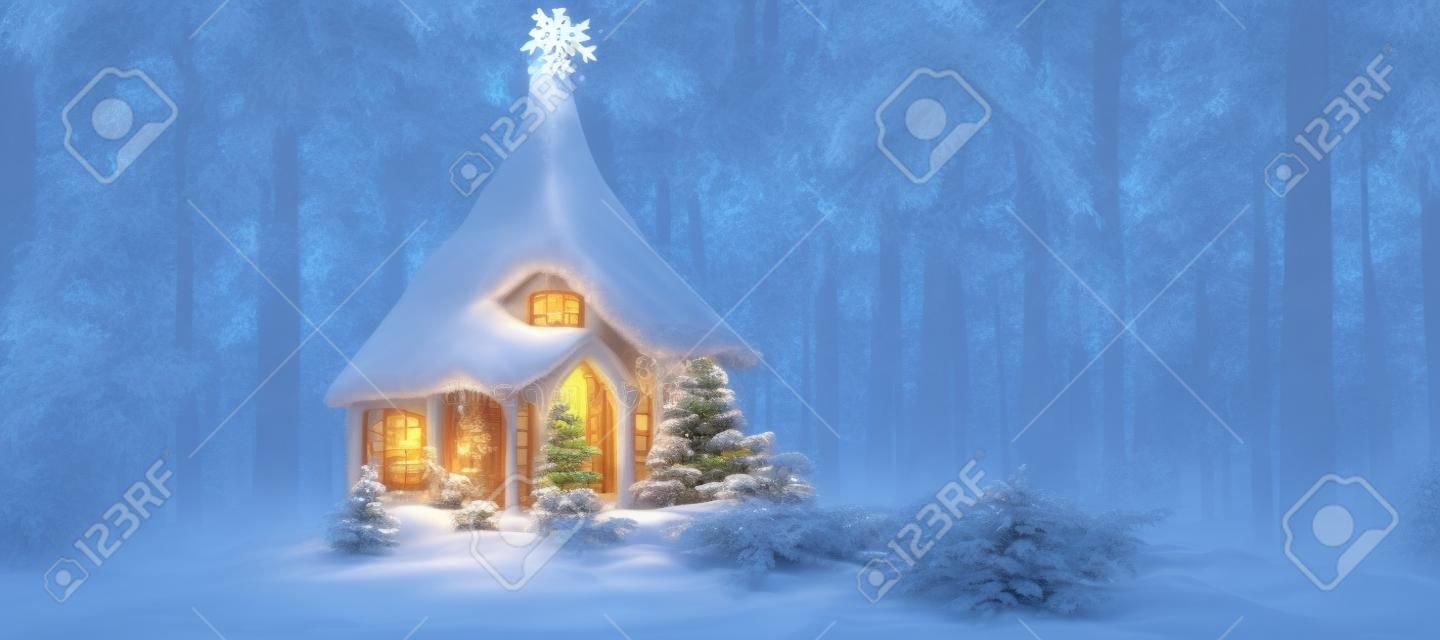 3D illustration rendering of an Enchanted Forest with Santa's house beautifully decorated for Christmas.
