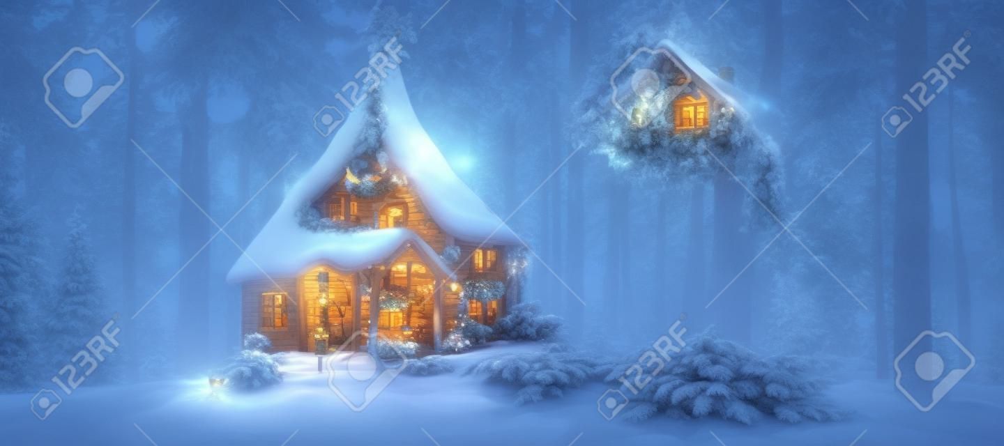 3D illustratie weergave van een betoverd bos met Santa's huis prachtig ingericht voor Kerstmis.
