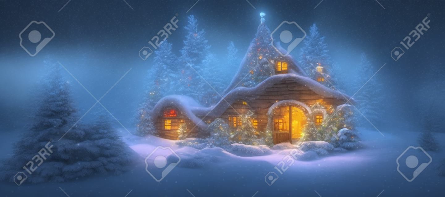 3D-Darstellung eines verzauberten Waldes mit dem Haus des Weihnachtsmanns, das wunderschön zu Weihnachten dekoriert ist.