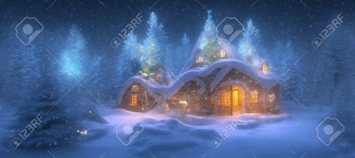 Rappresentazione dell'illustrazione 3d di una foresta incantata con la casa di babbo natale splendidamente decorata per natale.