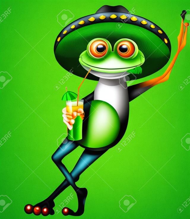 rana verde con un sombrero y un cóctel