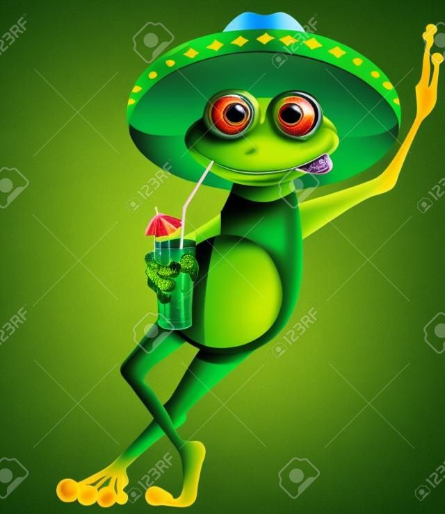 rana verde in un sombrero e un cocktail