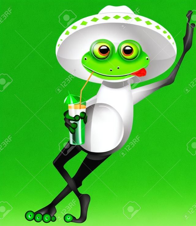 rana verde con un sombrero y un cóctel