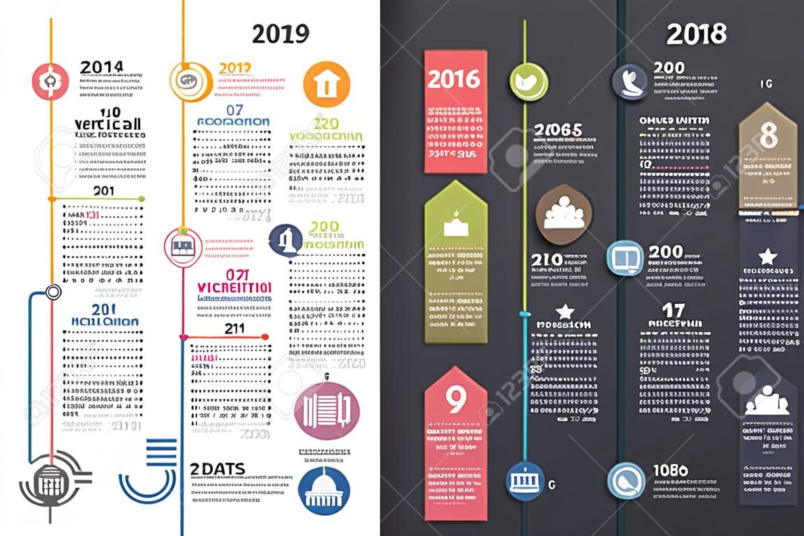 Vertical timeline infographics with place for icons dates and text