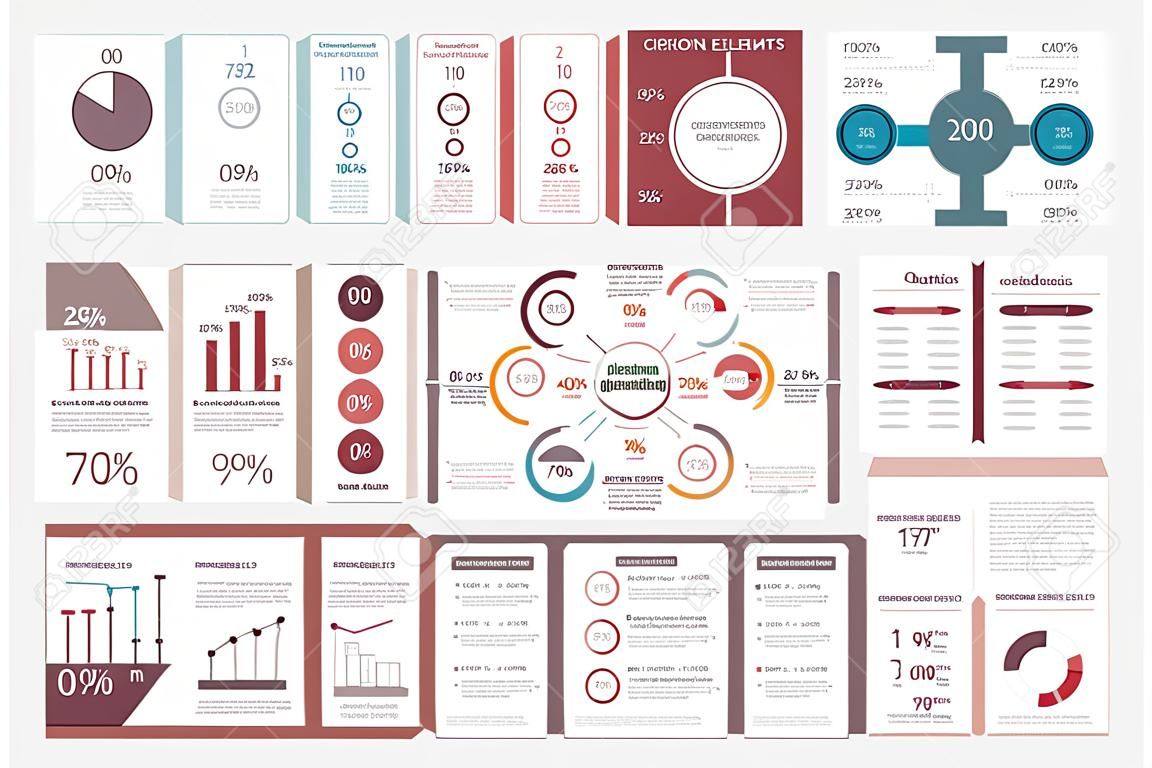 Elementy infografiki - wykresy słupkowe, ludzkie infografiki, wykresy kołowe, kroki i opcje, przepływ pracy, procenty, diagramy kołowe, oś czasu, ilustracja wektorowa eps10
