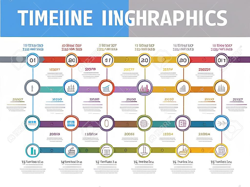 Kolorowy szablon infografiki osi czasu z 15 krokami, przepływem pracy, procesem, diagramem historii