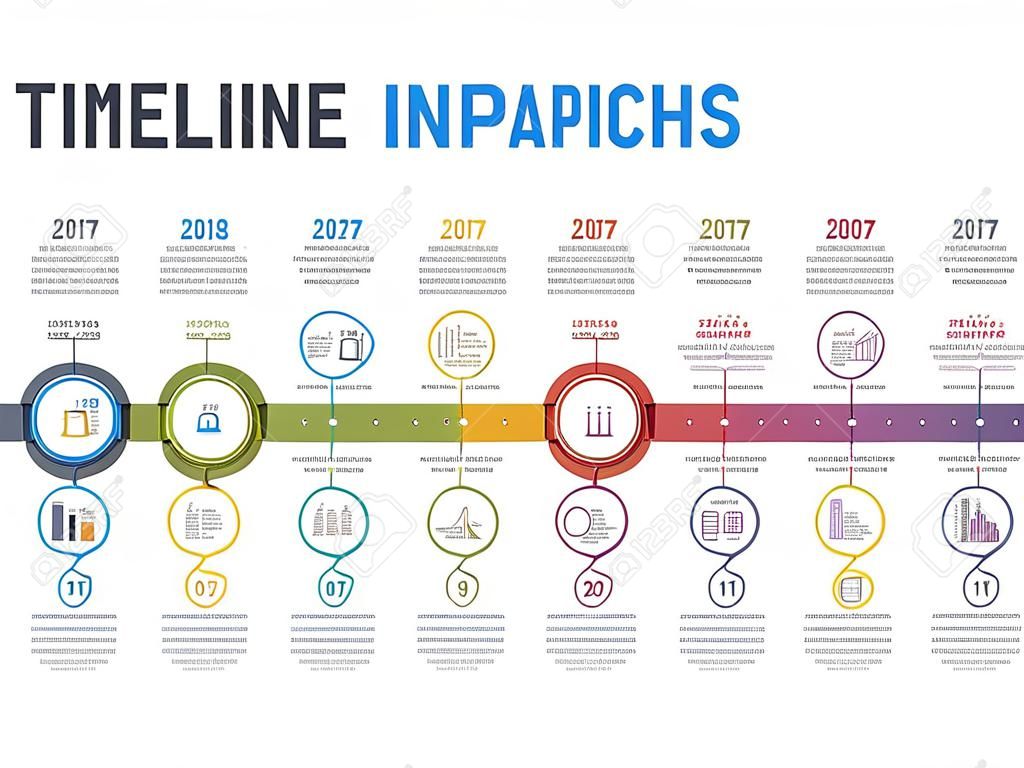 Modèle d'infographie de chronologie coloré avec 15 étapes, flux de travail, processus, diagramme historique