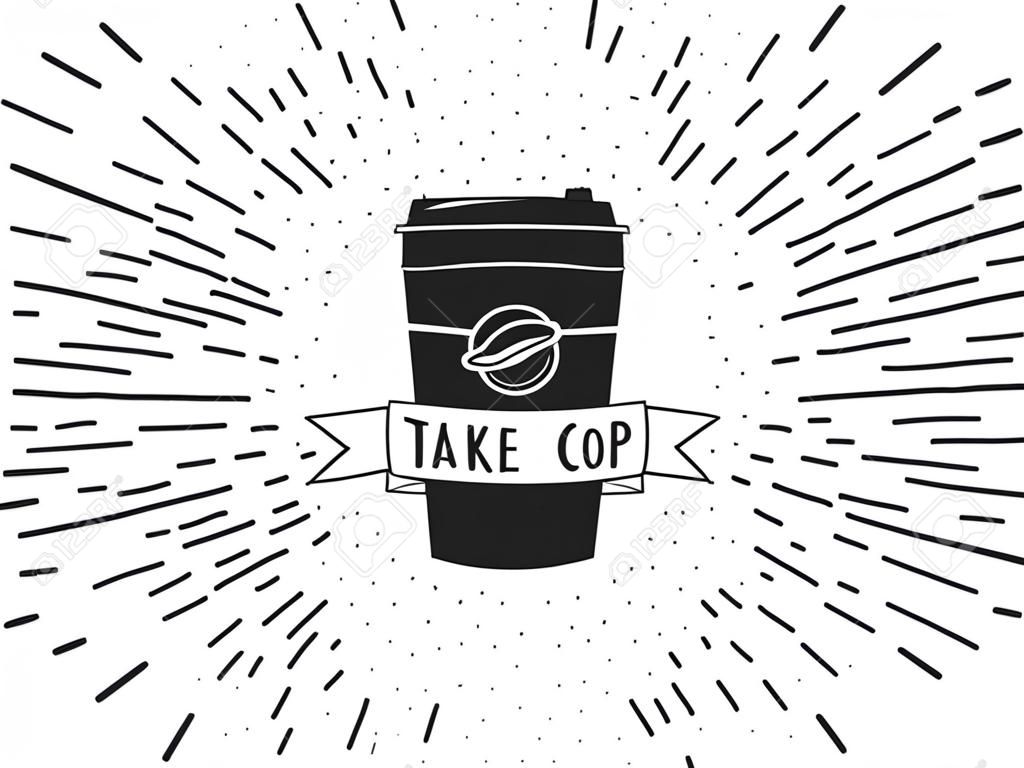Hand drawn take away coffee cup with ribbon on retro background with sunburst, vector eps10 illustration