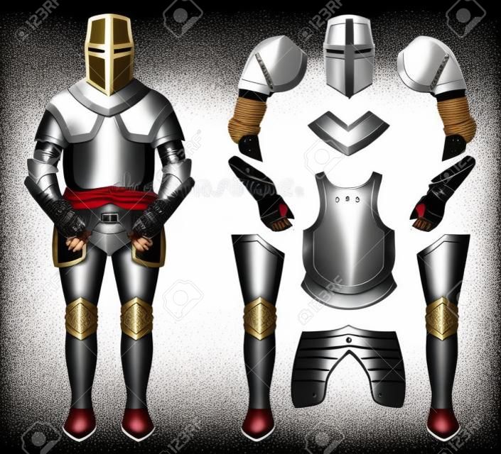 Conjunto de armadura de cavaleiro templário medieval. Capacete, ombros, luvas, peitoral, leggings. Ilustração vetorial de clip art de cor isolada no branco