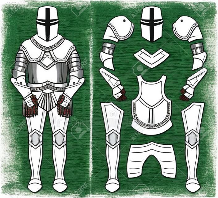 Conjunto de armadura de cavaleiro templário medieval. Capacete, ombros, luvas, peitoral, leggings. Ilustração vetorial de clip art de cor isolada no branco