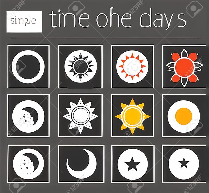 Time of the day simple icons set. Sunrise, sun, sunshine, moon and stars linear, color and silhouette vector symbols isolated on white