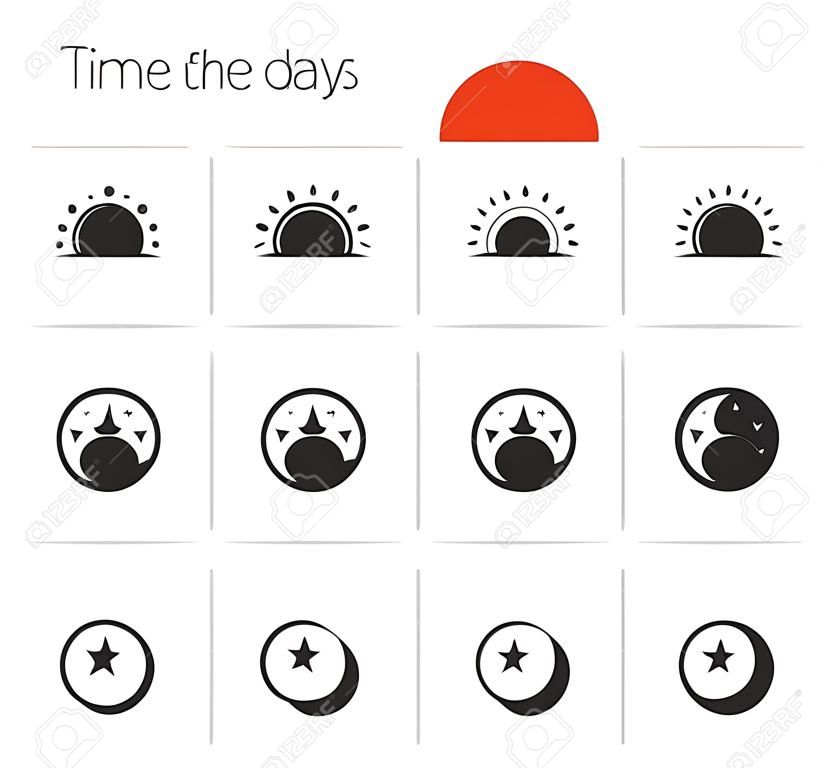 간단한 아이콘 설정 하루의 시간. 일출, 태양, 햇빛, 달과 별 선형, 색상과 실루엣 벡터 기호 흰색으로 격리
