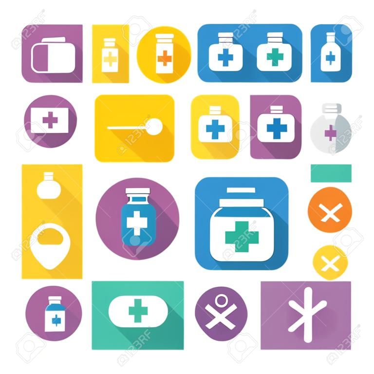 Pharmacy flat design icons set. Medical and pharmaceutical round symbols. Prescription drugs and medicine chest. Medicine pills bottle white silhouette illustration. Vector infographics elements