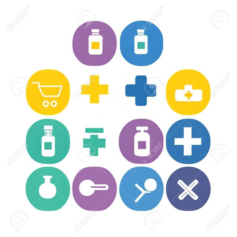 Gyógyszertár lapos kialakítás ikonok meg. Orvosi és gyógyszerészeti kerek szimbólumokat. Vényköteles gyógyszerek és házipatika. Gyógyszer tabletták palack fehér sziluett illusztráció. Vector infographics elemek