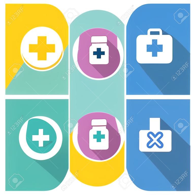 Pharmacy flat design icons set. Medical and pharmaceutical round symbols. Prescription drugs and medicine chest. Medicine pills bottle white silhouette illustration. Vector infographics elements