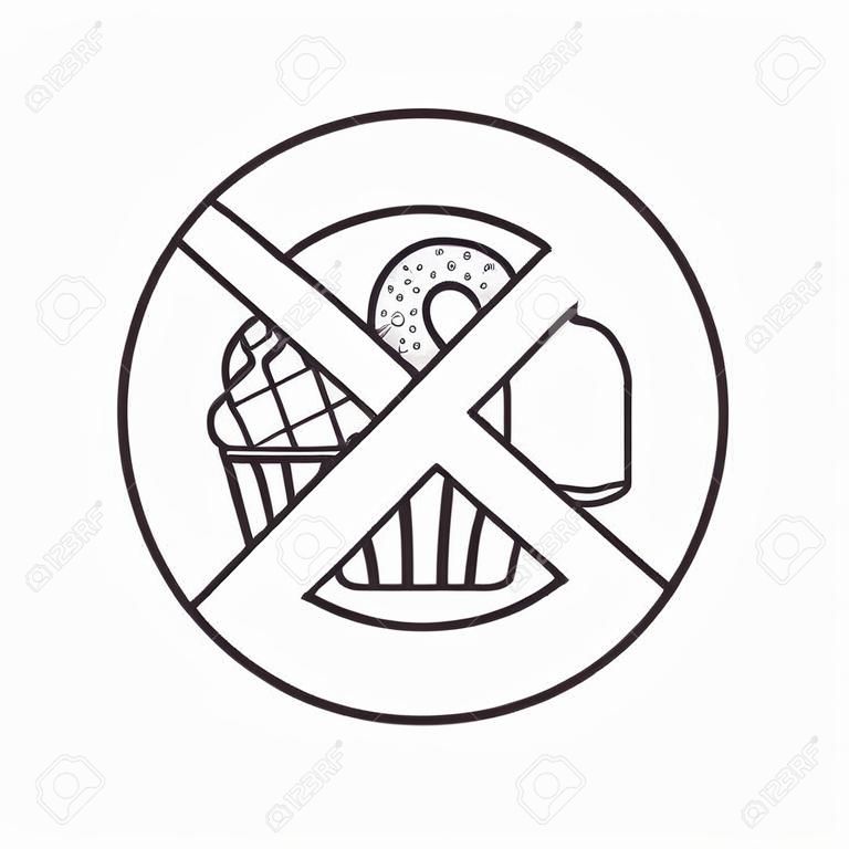 Forbidden sign with confectionery linear icon. Thin line illustration. No sweets prohibition. Stop contour symbol. Vector isolated outline drawing