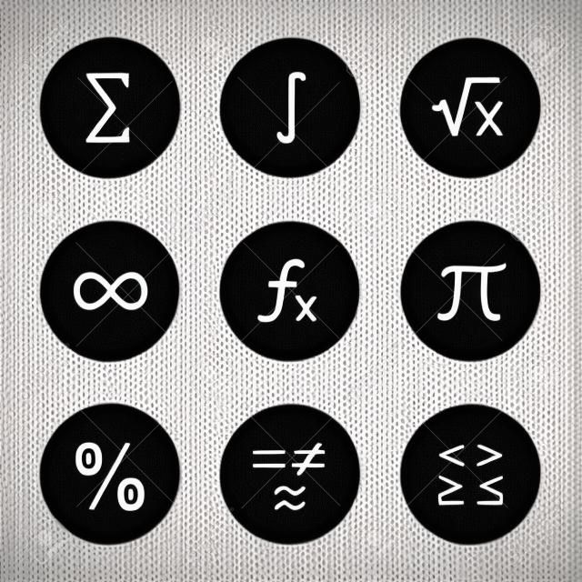 Mathematics glyph icons set. Math symbols. Algebra. Vector white silhouettes illustrations in black circles