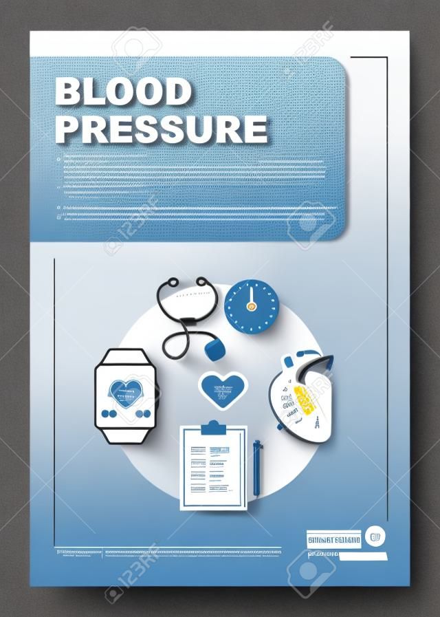 Layout del modello di brochure sulla pressione sanguigna. Monitoraggio del funzionamento del cuore. Volantino, opuscolo, stampa di volantini con illustrazioni lineari. Layout di pagina vettoriale per relazioni annuali, manifesti pubblicitari