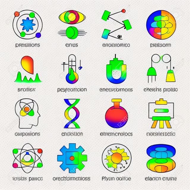 Ensemble d'icônes de couleur des branches de la physique. Processus et phénomènes physiques. Physique classique, moderne et quantique. Acoustique, électromagnétisme, thermodynamique. Illustrations vectorielles isolées