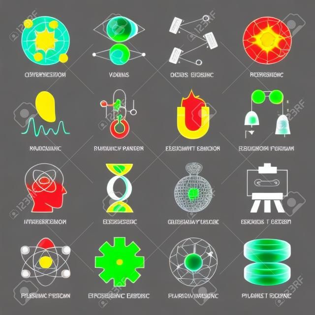 Conjunto de iconos de colores de ramas de física. Procesos y fenómenos físicos. Física clásica, moderna y cuántica. Acústica, electromagnetismo, termodinámica. Ilustraciones vectoriales aisladas