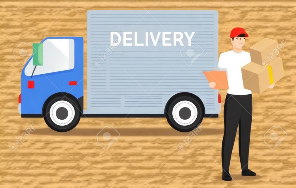 Delivery van driver with parcels flat character. Courier, postman, deliveryman holding cardboard boxes and order receipt isolated cartoon illustration on white background. Shipping service transport