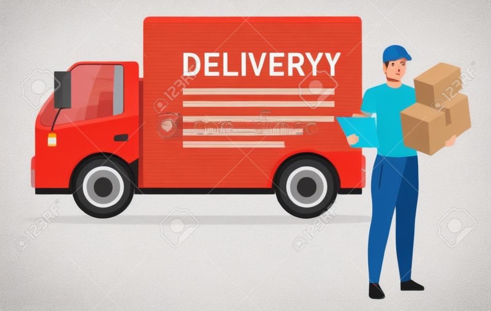 Delivery van driver with parcels flat character. Courier, postman, deliveryman holding cardboard boxes and order receipt isolated cartoon illustration on white background. Shipping service transport