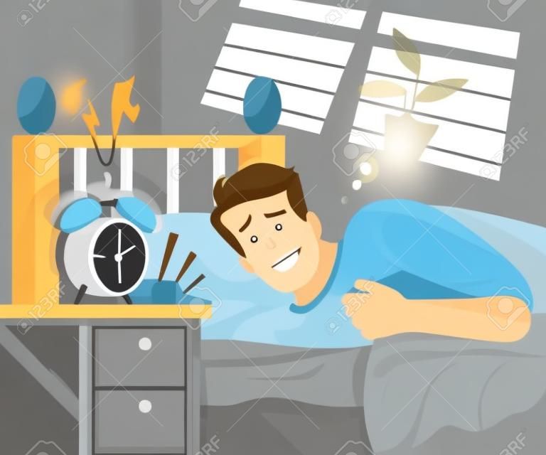 Everyday morning stress flat vector illustration. Young man waking up early, lying in bed and watching on ringing alarm clock cartoon character. Feeling tired and having little energy to get up