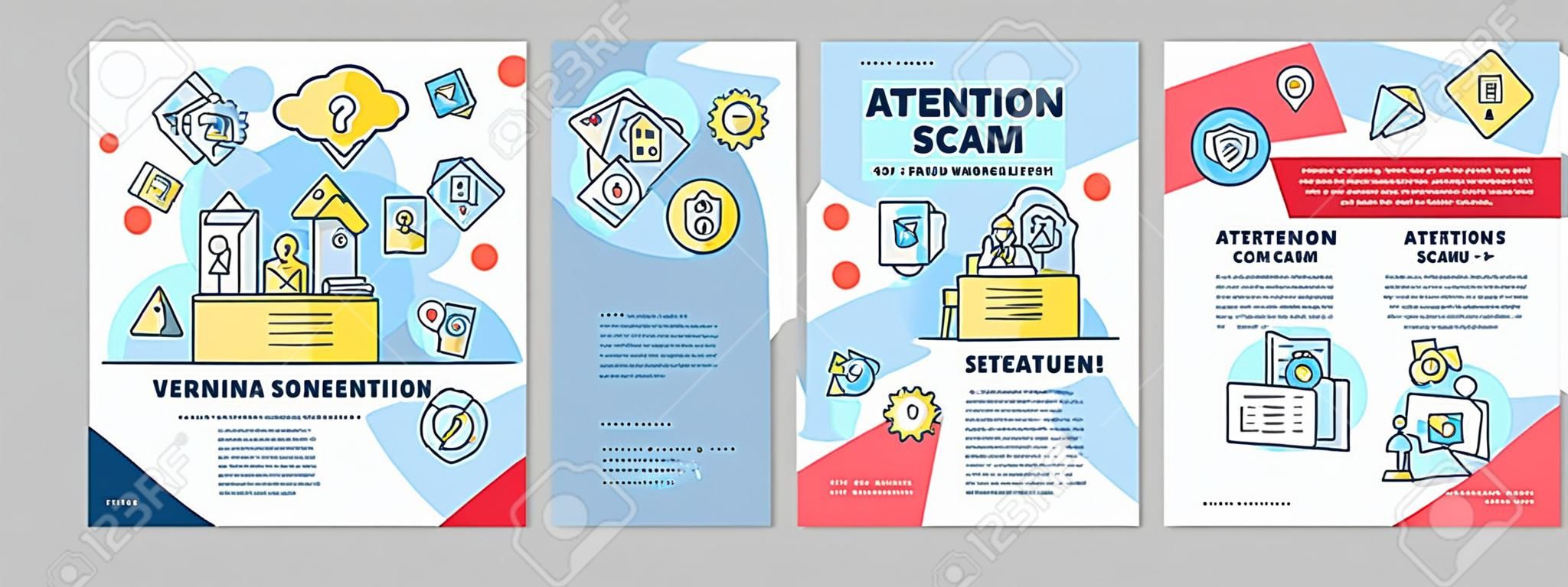 Attention scam brochure template. Fraud warning flyer, booklet, leaflet, cover design with linear illustrations. Stealing info. Internet crime. Vector page layouts for magazines, advertising posters