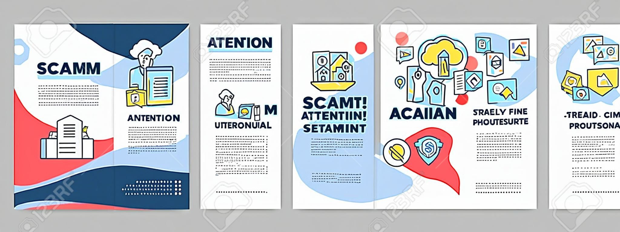 Attention scam brochure template. Fraud warning flyer, booklet, leaflet, cover design with linear illustrations. Stealing info. Internet crime. Vector page layouts for magazines, advertising posters