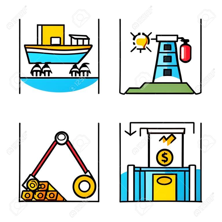 Conjunto de ícones de cores de tipos de indústria. Pesca, energia, madeira, setores financeiros da economia. Esferas de negócios. Produção de bens e serviços. Ilustrações vetoriais isoladas