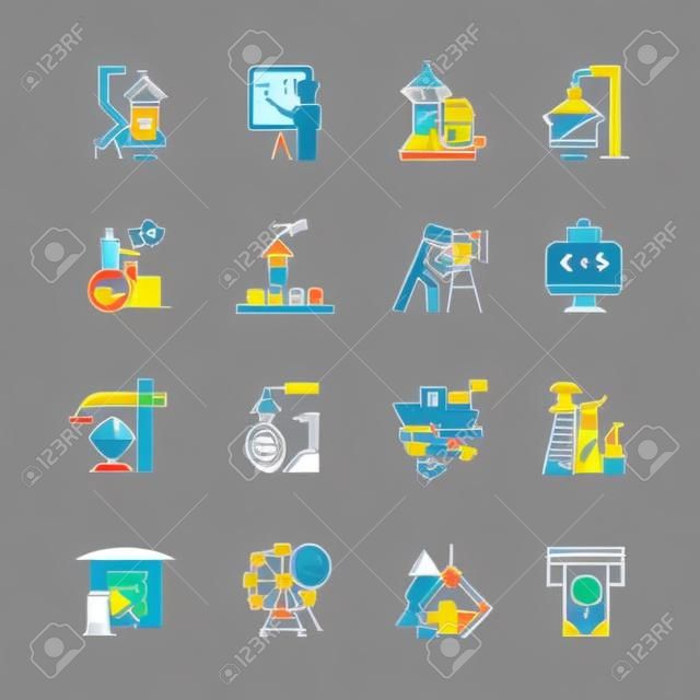 Industry types color icons set. Goods and services production. Technology development. Human activities for profit. Businesses in various sectors of economy. Isolated vector illustrations