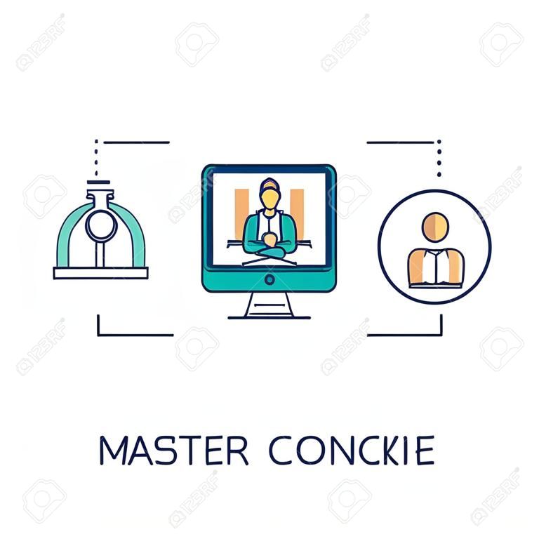 Master concept icon. Professional worker. Theory and practice in profession. Using knowledge and experience in work idea thin line illustration. Vector isolated outline drawing. Editable stroke