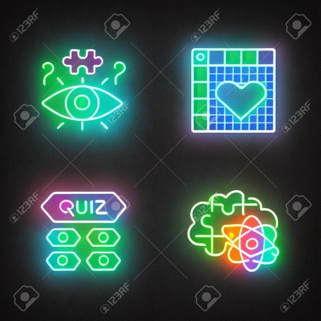 Puzzles and riddles neon light icons set. Trivia quiz. Nonogram. Logic games. Problem solving process. Mental exercise. Visual brain teasers. Challenge. Glowing signs. Vector isolated illustrations