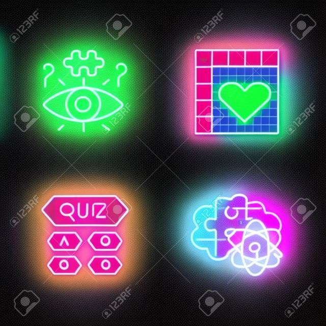 Puzzles and riddles neon light icons set. Trivia quiz. Nonogram. Logic games. Problem solving process. Mental exercise. Visual brain teasers. Challenge. Glowing signs. Vector isolated illustrations