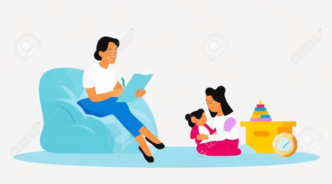 Child therapy session semi flat RGB color vector illustration. Female psychologist and teen girl. Behavioral psychology. Psychological consultation. Isolated cartoon character on white background