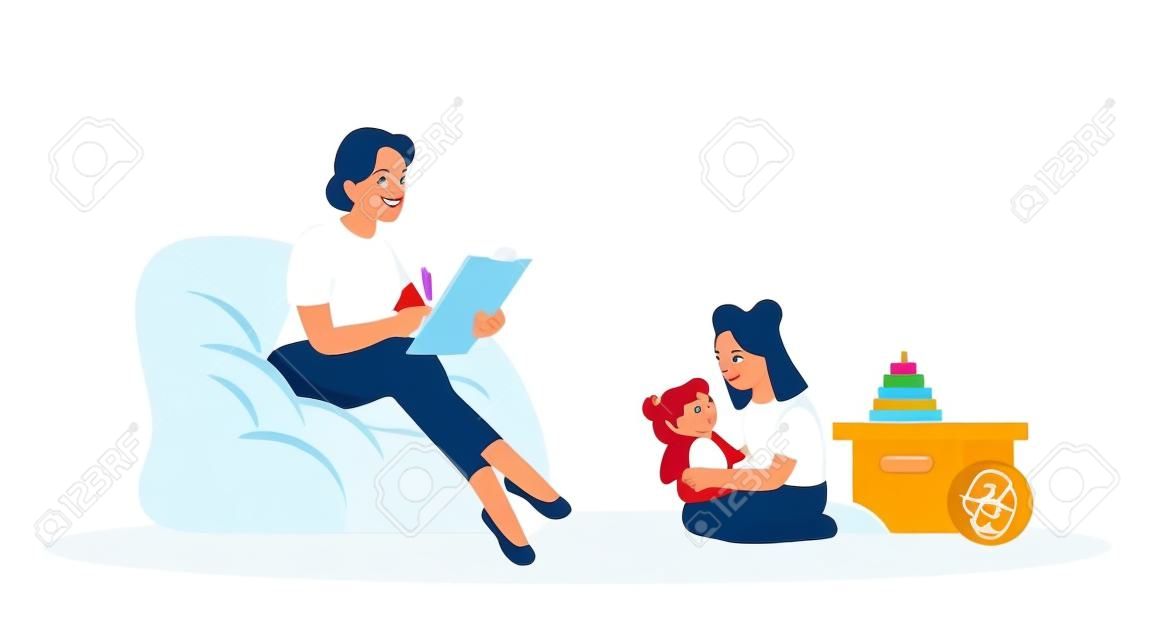 Kindertherapie sessie semi platte RGB kleur vector illustratie. Vrouwelijke psycholoog en tiener meisje. Gedragspsychologie. Psychologische raadpleging. Geïsoleerde cartoon karakter op witte achtergrond