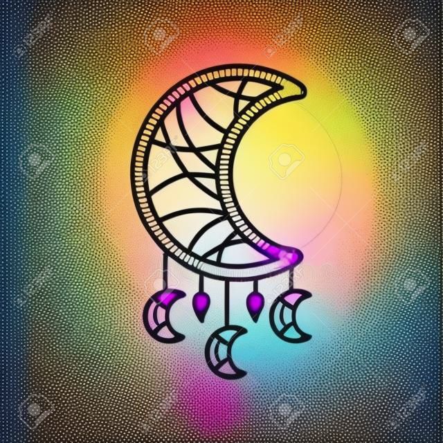 Boho 스타일 dreamcatcher RGB 색상 아이콘입니다. 아메리카 원주민 인디언 신비로운 상징. 초승달 모양의 드림캐쳐. 보헤미안 빈티지 액세서리. 민족 장식입니다. 격리 된 벡터 일러스트 레이 션