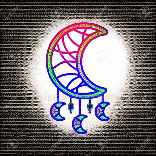 Icona a colori RGB acchiappasogni in stile Boho. Simbolo mistico indiano nativo americano. Acchiappasogni a forma di mezzaluna. Accessorio vintage boemo. Decorazione etnica. Illustrazione vettoriale isolata