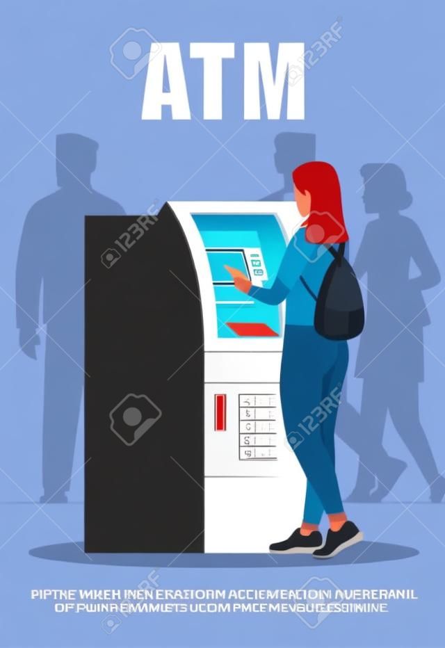 ATM-Poster-Vorlage. Verfügbare Geldabhebung. Terminal für Geld. Kommerzielles Flyer-Design mit halbflacher Illustration. Vektor-Cartoon-Promo-Karte. Werbeeinladung für Bankdienstleistungen