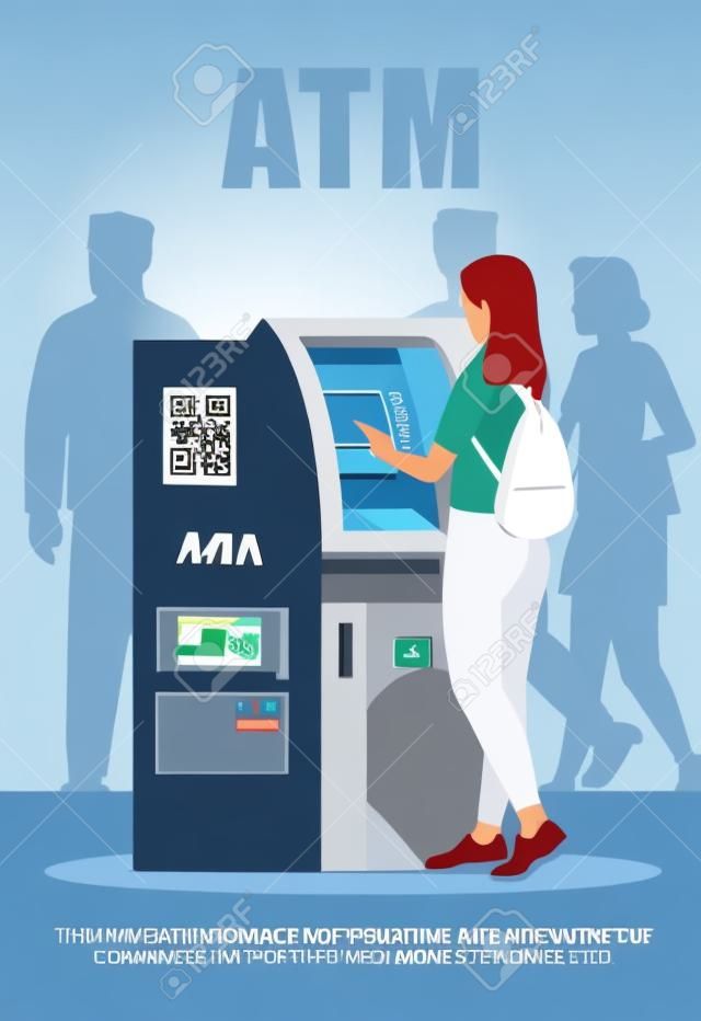 ATMポスターテンプレート。利用可能なお金の引き出し。お金のためのターミナル。セミフラットイラストの商業チラシデザイン。ベクトル漫画のプロモーションカード。銀行サービス広告の招待