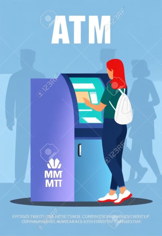 ATM 포스터 템플릿입니다. 현금 인출 가능. 돈을 위한 터미널. 세미 플랫 일러스트와 함께 상업 전단지 디자인입니다. 벡터 만화 프로 모션 카드입니다. 은행 서비스 광고 초대