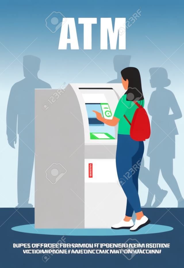 ATM poster template. Available money withdrawal. Terminal for money. Commercial flyer design with semi flat illustration. Vector cartoon promo card. Banking services advertising invitation