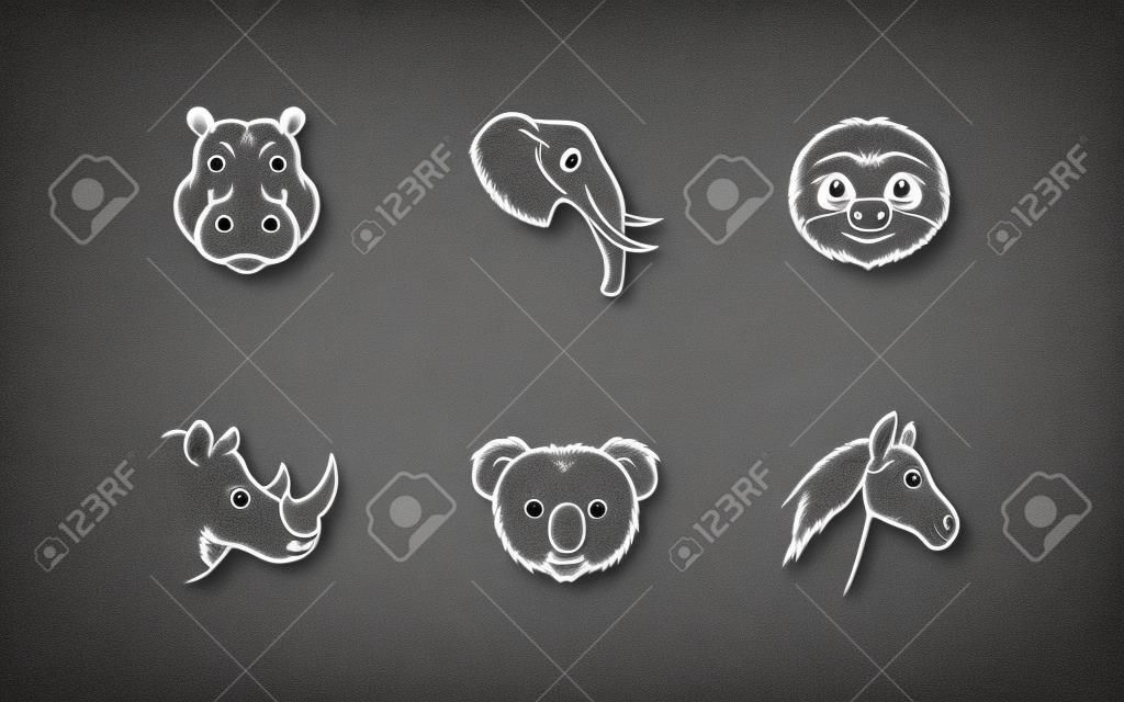 Animal heads chalk white icons set on black background. Exotic mammals, tropical fauna. Hippopotamus, elephant, koala, sloth, horse and rhinoceros muzzles. Isolated vector chalkboard illustrations