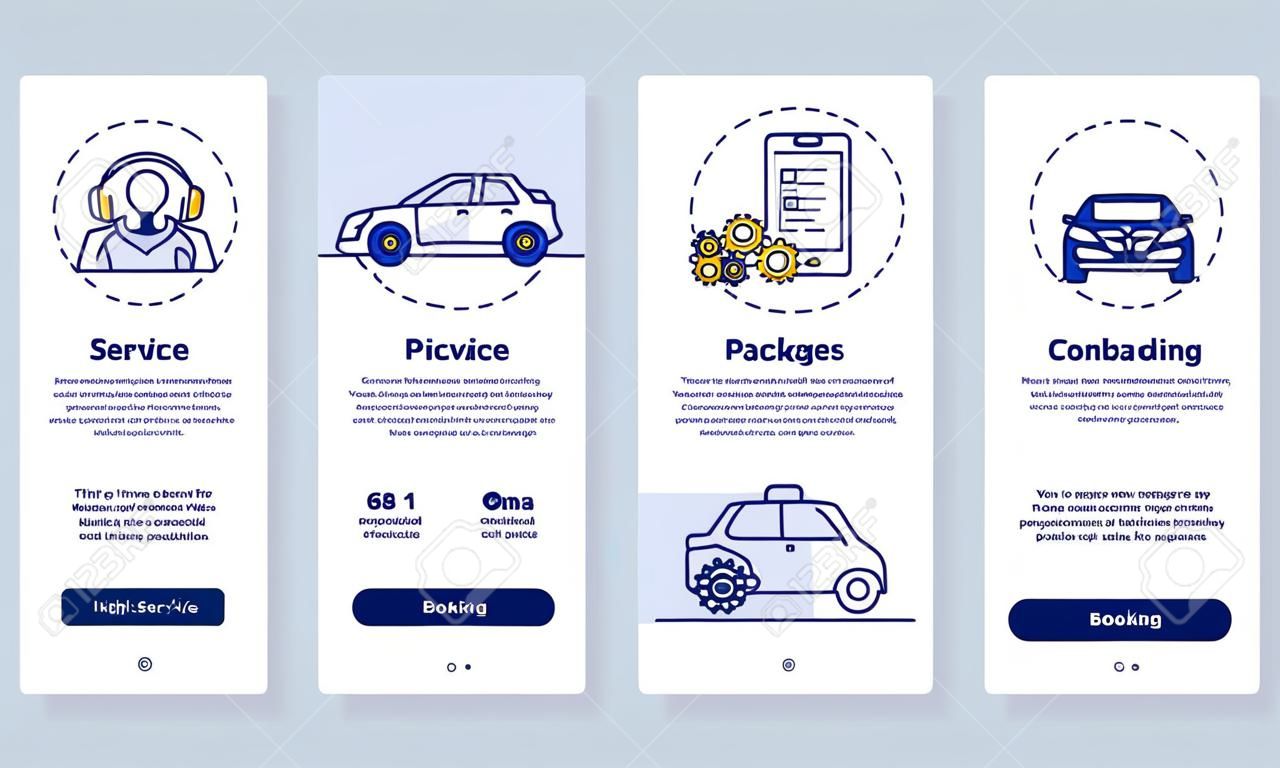 Booking Car Service Onboarding Mobile App Page Screen With Concepts.  Service Info, Packages, Pricing Walkthrough 3 Steps Graphic Instructions.  UI Vector Template With RGB Color Illustrations Клипарты, SVG, векторы, и  Набор Иллюстраций