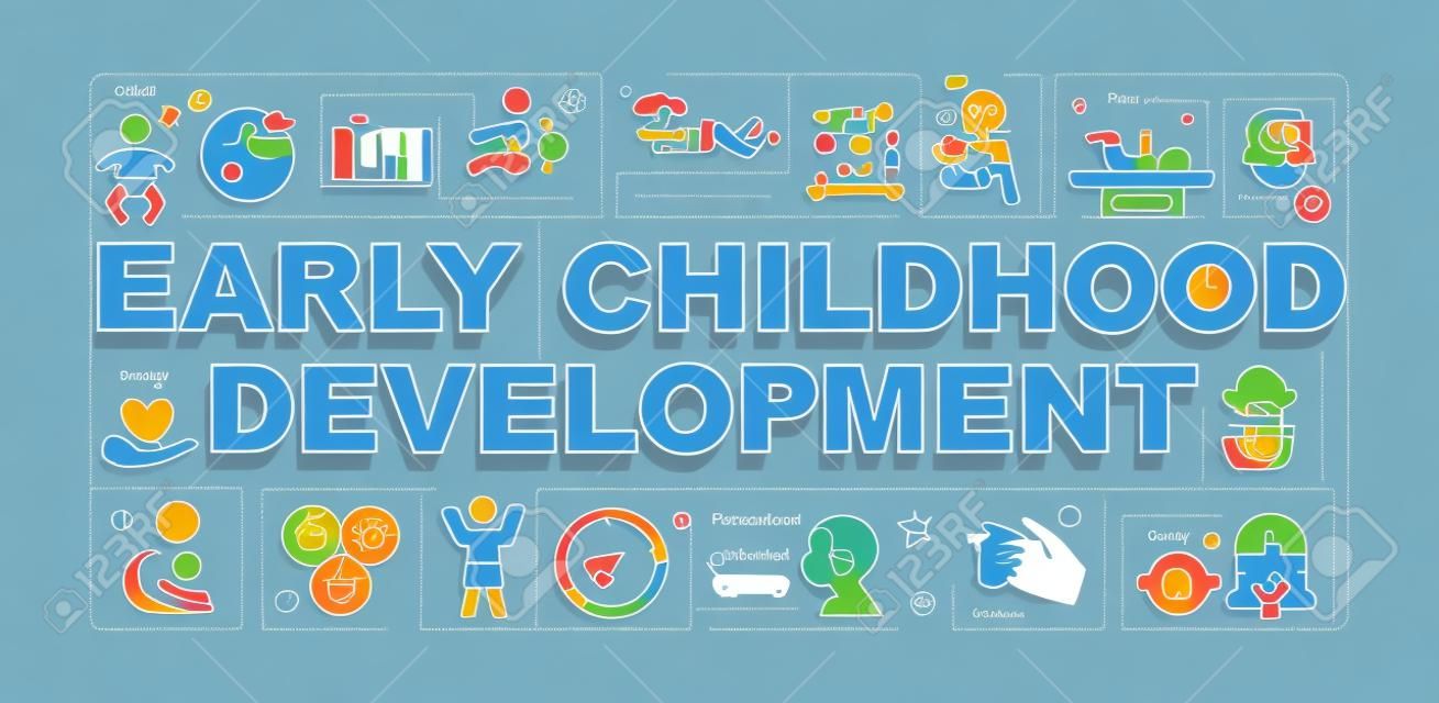 Early childhood development word concepts banner. Psychological, cognitive, social growth. Infographics with linear icons on blue background. Isolated typography. Vector outline RGB color illustration