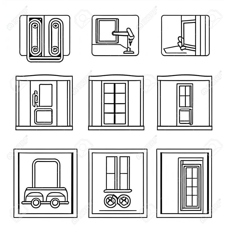 Window and door installations linear icons set. Locks and levers. Insulating barrier creation. Customizable thin line contour symbols. Isolated vector outline illustrations. Editable stroke