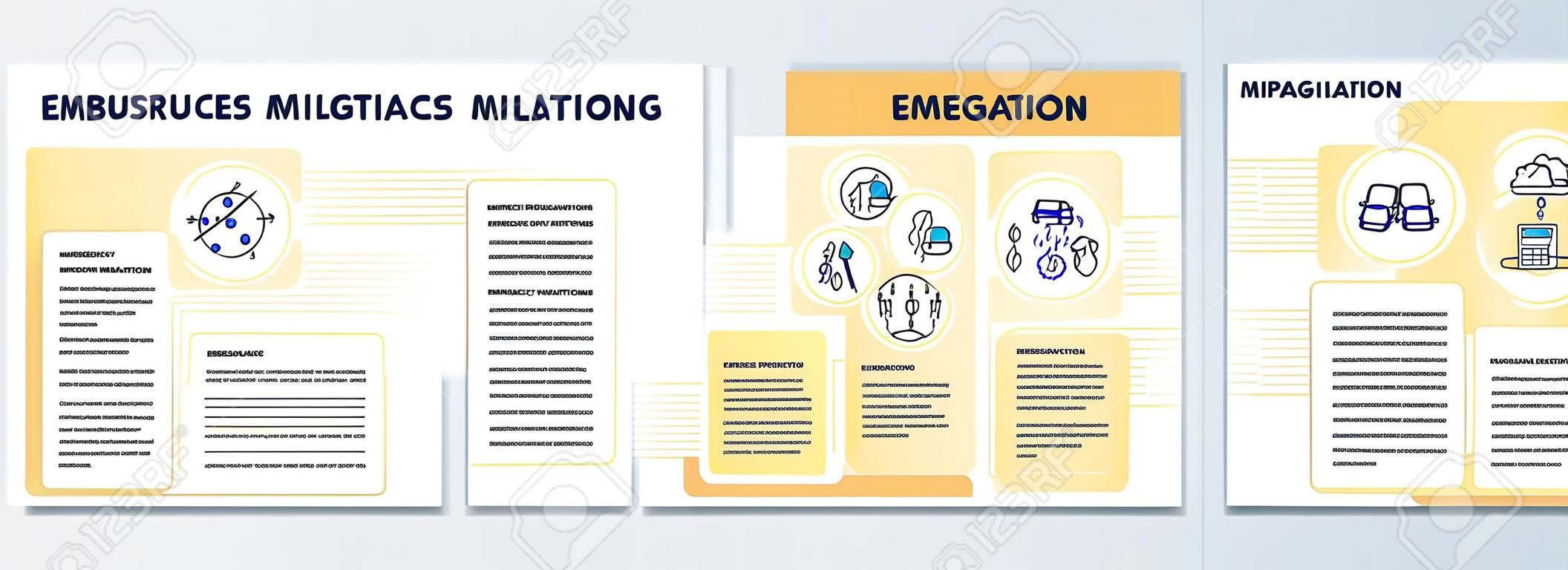 Emergency mitigation brochure template. Resources planning. Booklet print design with linear icons. Vector layouts for presentation, annual reports, ads. Arial-Black, Myriad Pro-Regular fonts used