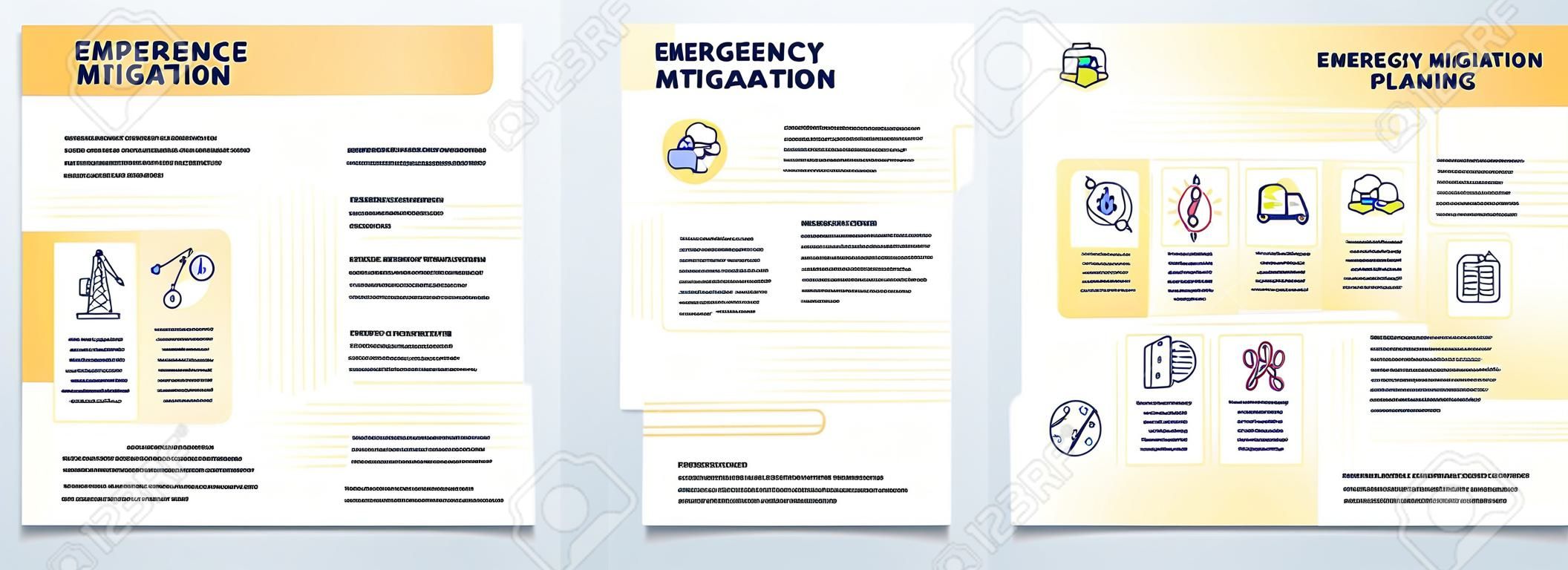 Emergency mitigation brochure template. Resources planning. Booklet print design with linear icons. Vector layouts for presentation, annual reports, ads. Arial-Black, Myriad Pro-Regular fonts used