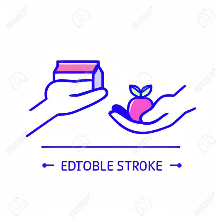 Barter RGB color icon. economic model. products and food exchange. Swapping foodstuff and commodity. Isolated vector illustration. Simple filled line drawing. Editable stroke. Arial font used