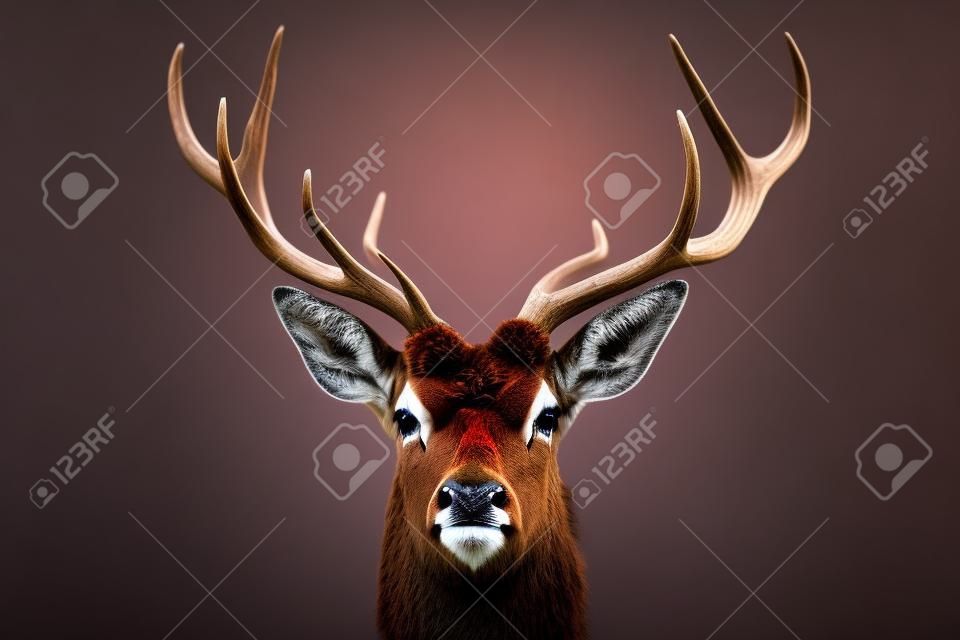 Ritratto di cervo rosso su sfondo nero.